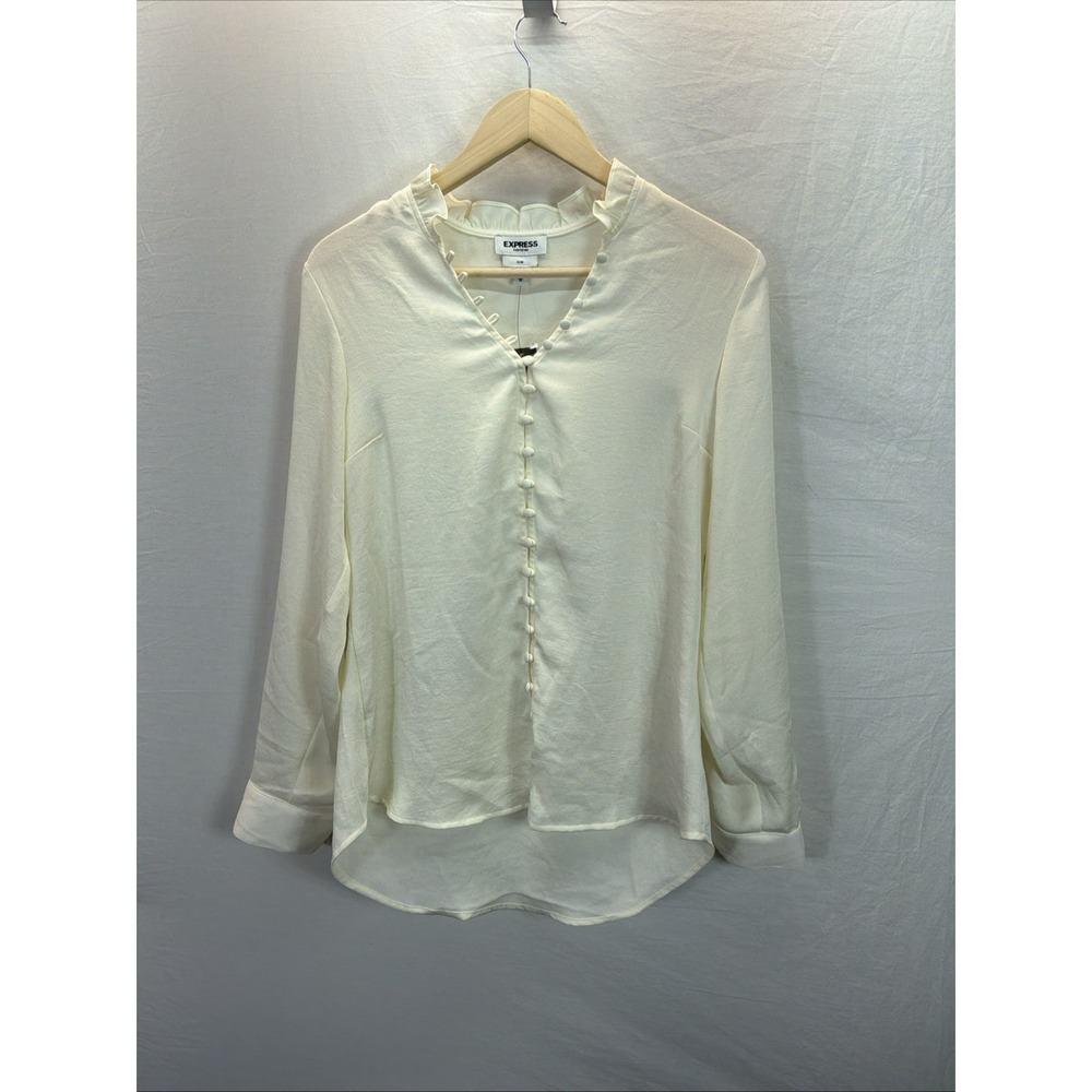 New Express Portofino Slim Women's Sz M Ivory White Ruffle Collar Blouse Button